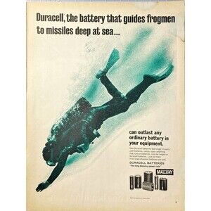 Duracell Batteries "Guides Frogmen to Missiles deep at sea"Vintage Print Ad 1968
